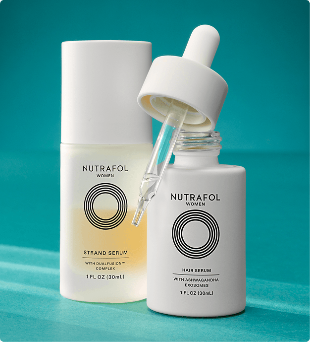 Nutrafol Strand Serum and Hair Serum bottles