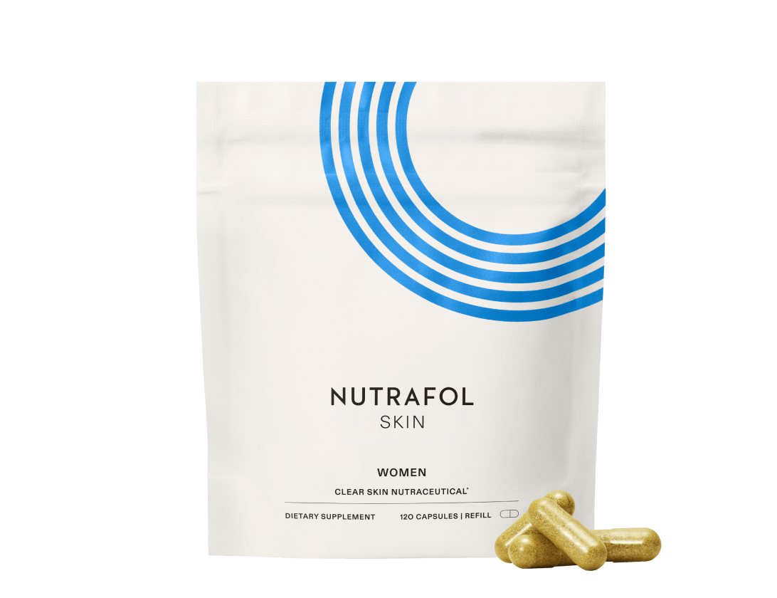 Clear Skin Nutraceutical pouch with four pills in front.