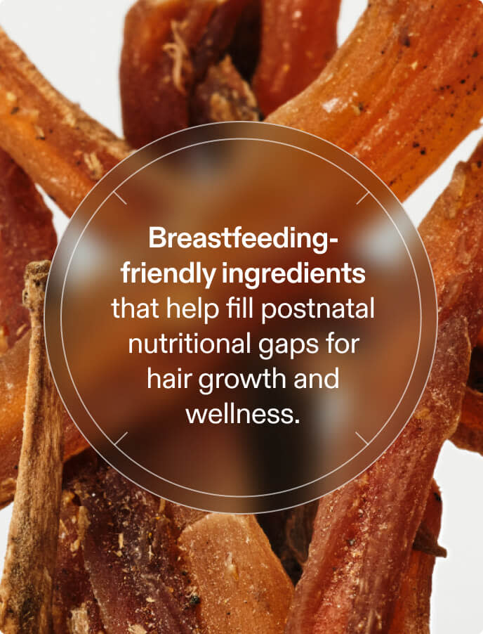 Breastfeeding-friendly ingredients that help fill postnatal nutritional gaps for hair growth and wellness.