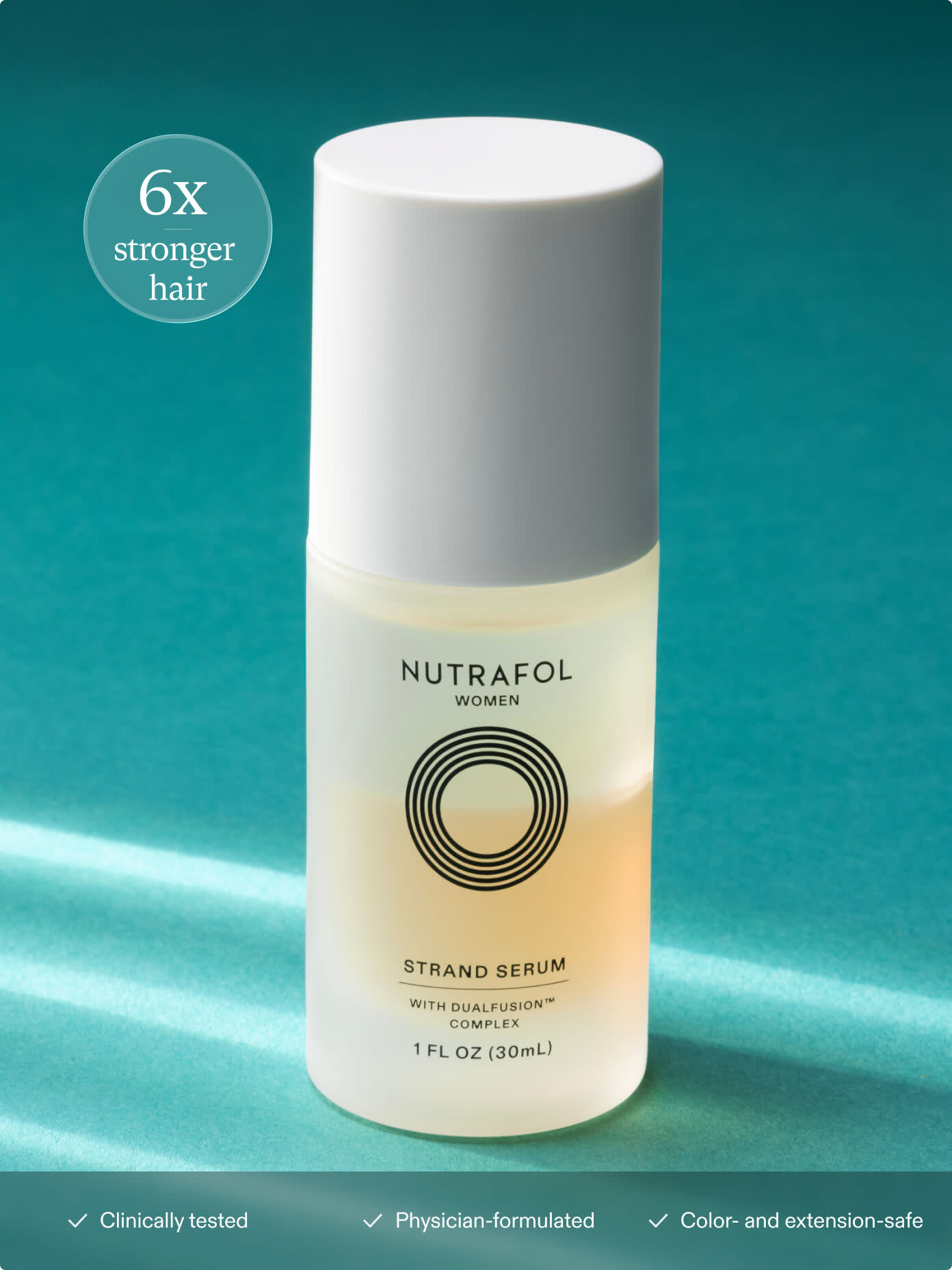 Strand Serum bottle. 6x stronger hair. Clinically tested, physician-formulated, color- and extension-safe.