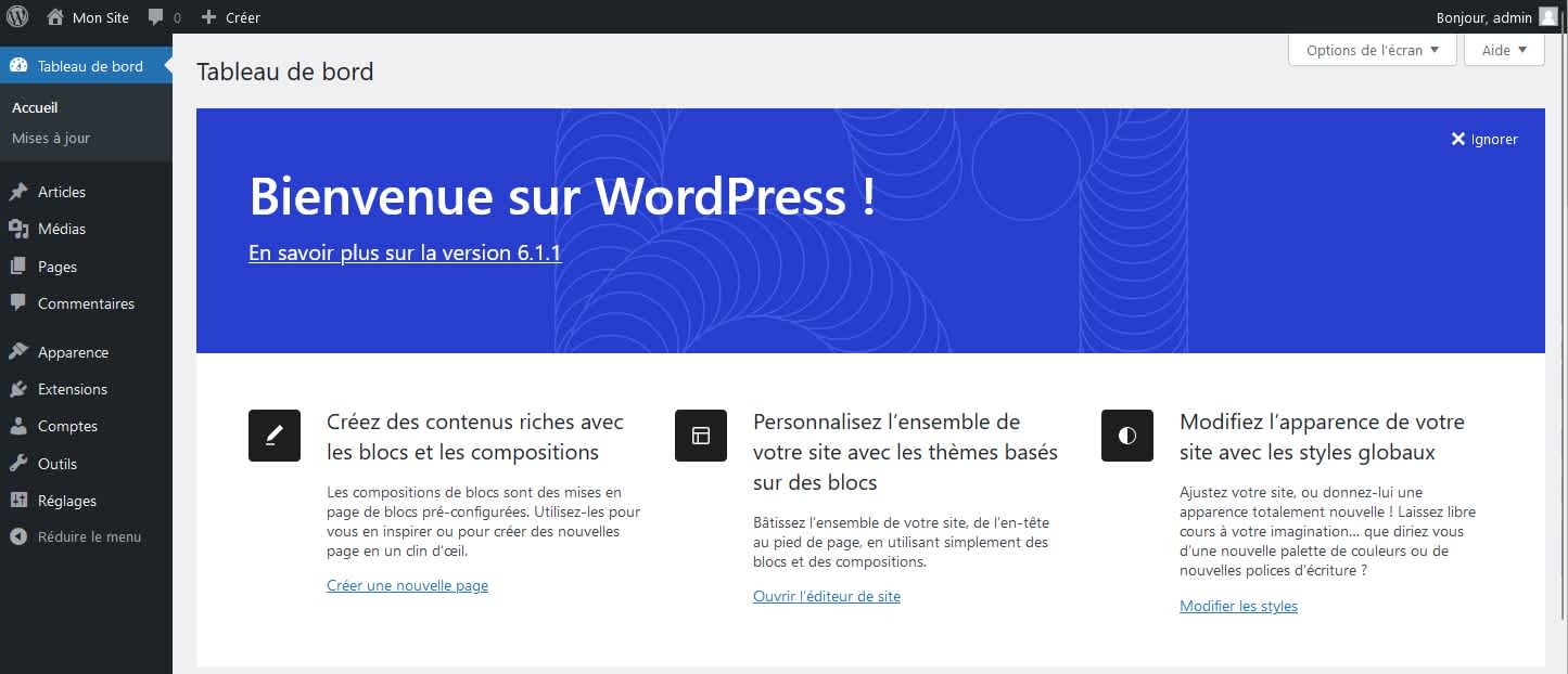 Vue du Tableau de Bord WordPress