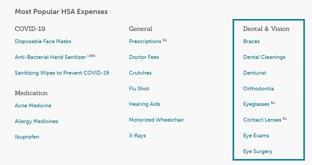 Quickly see the most popular dental HSA expenses.