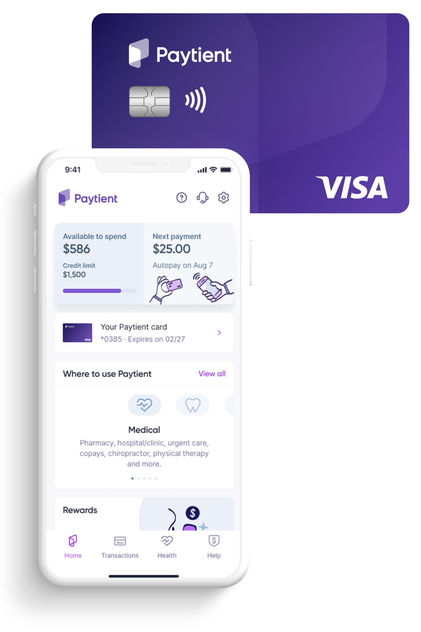 Health Payment Account Mobile Application screenshot and Purple Health Payment Account Card