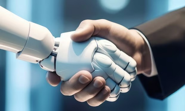 AI Robot hand and human business man handshake