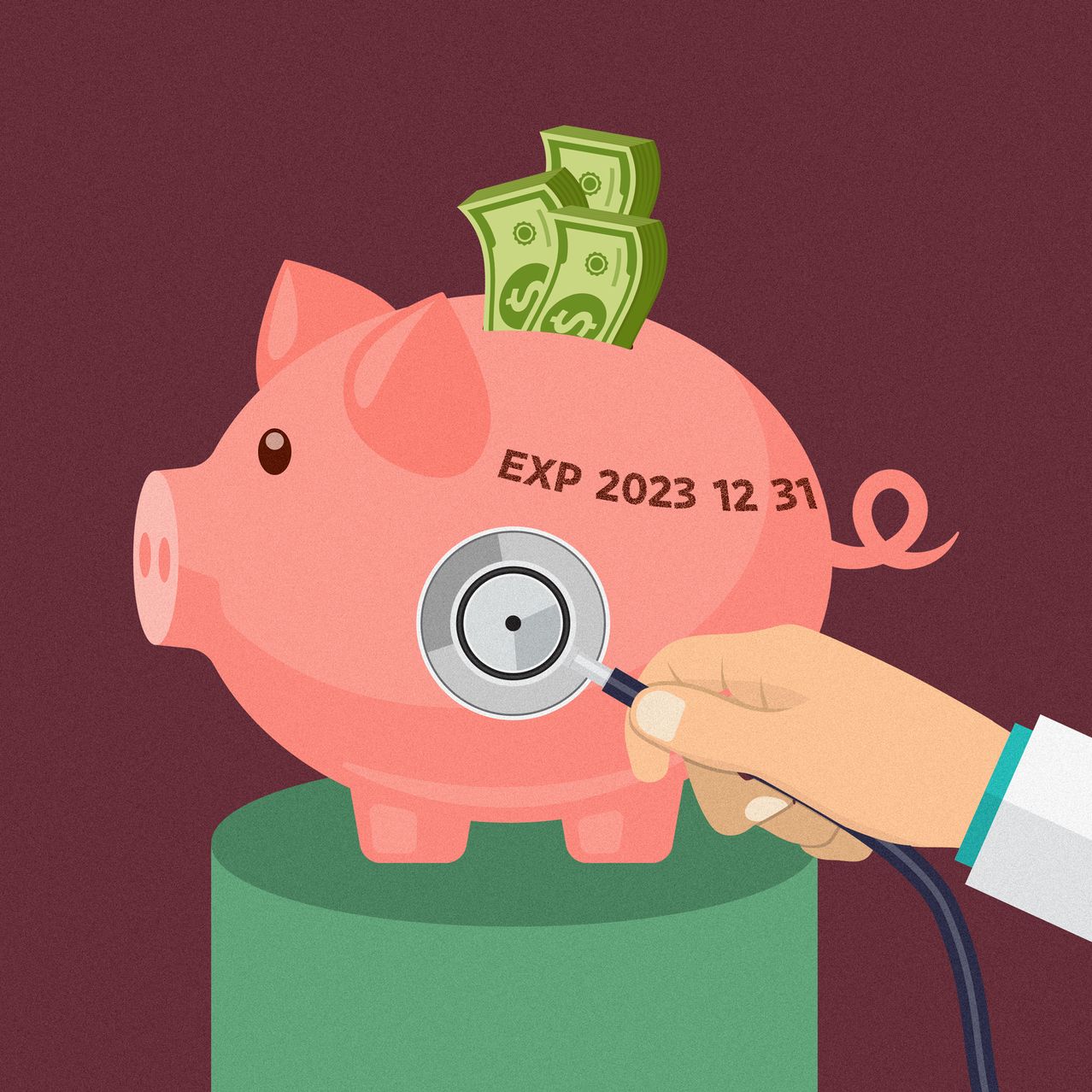 Piggybank with money coming out of the coin slot with a stethoscope being placed on its side as if having a check up