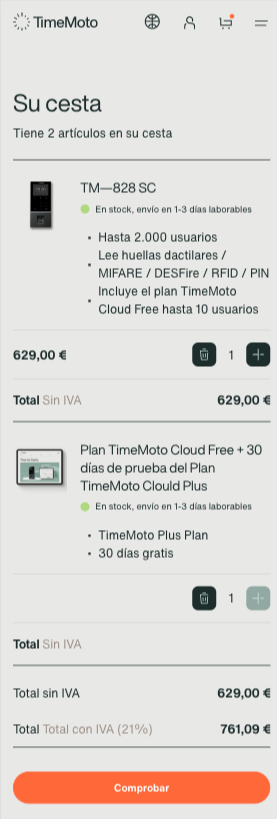 Cart checkout op mobiele website Timemoto