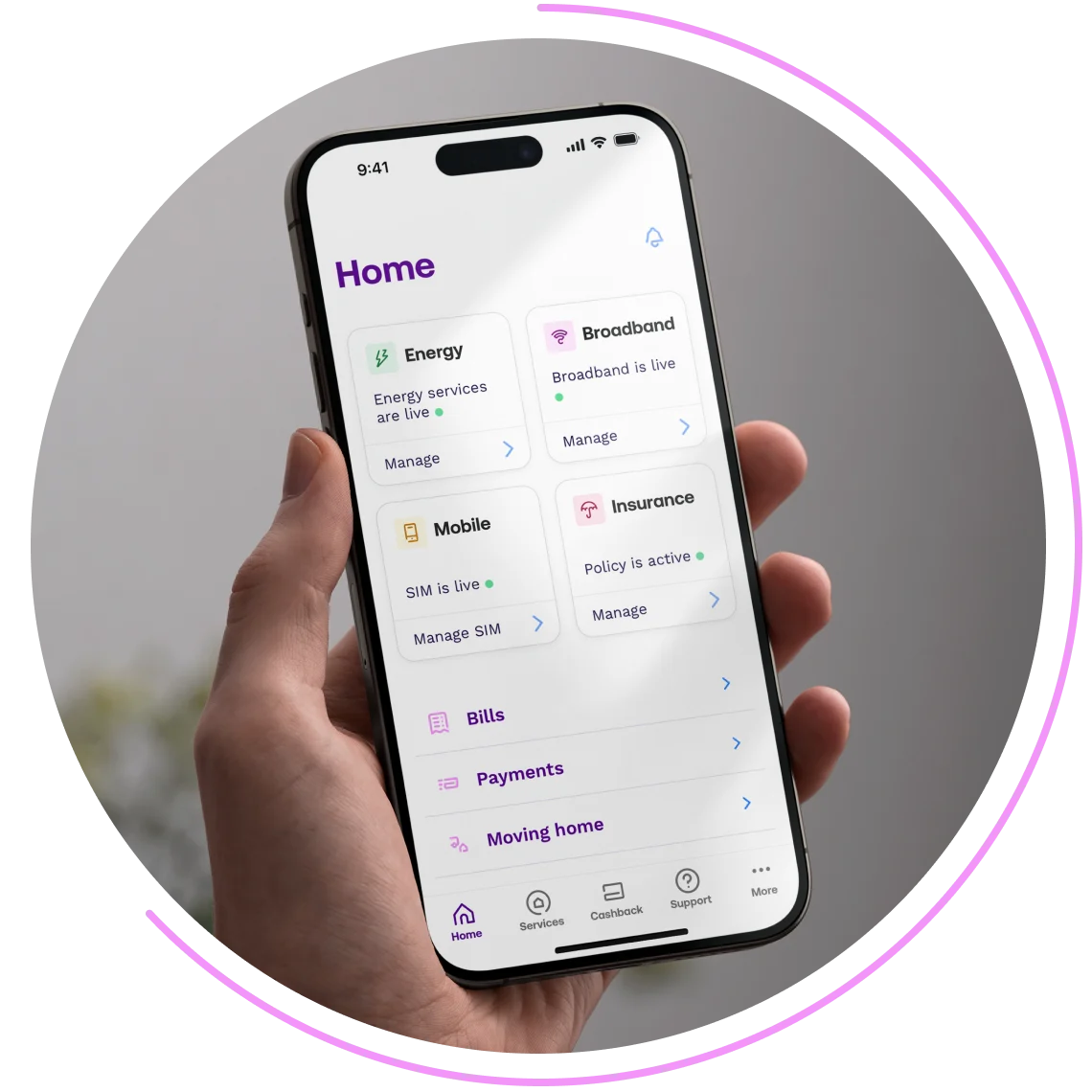 Visual representation of the UW customer mobile app interface, featuring tabs like Home, Services, Cashback, and Support at the bottom. Explore additional options under 'More,' including Bills, Moving Home, and Payments. The example image show the home screen with the tile interface being held in a hand.