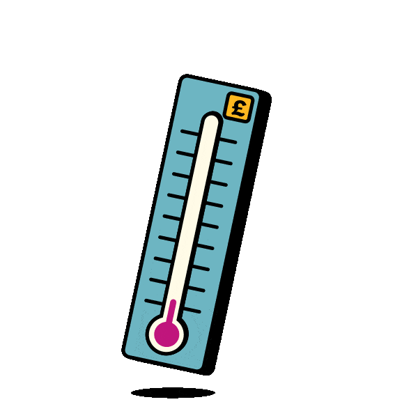 Illustration of a thermometer featuring a pound symbol, used to represent energy prices, tariffs, and household energy costs.