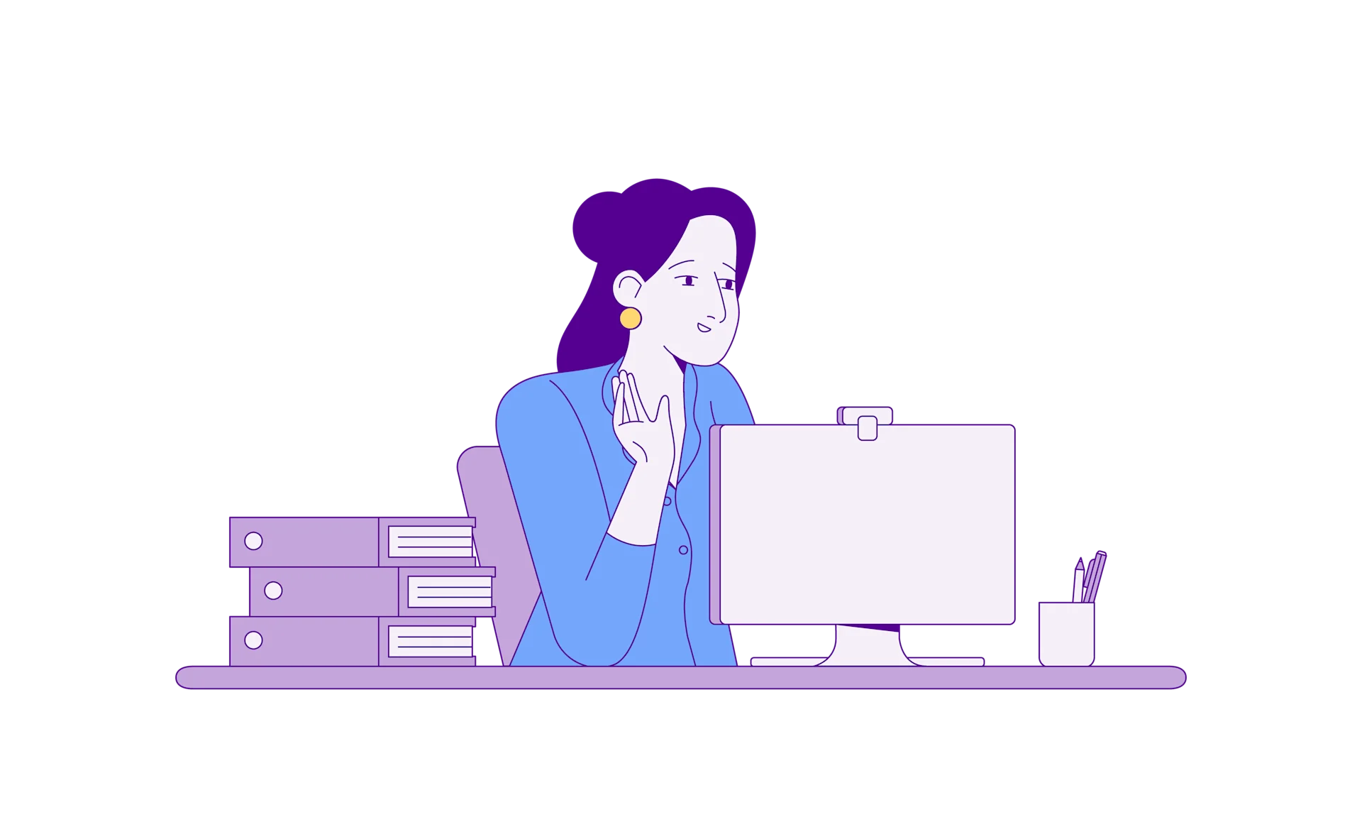 Woman waving during a video call, sitting at a desk with folders and a computer.