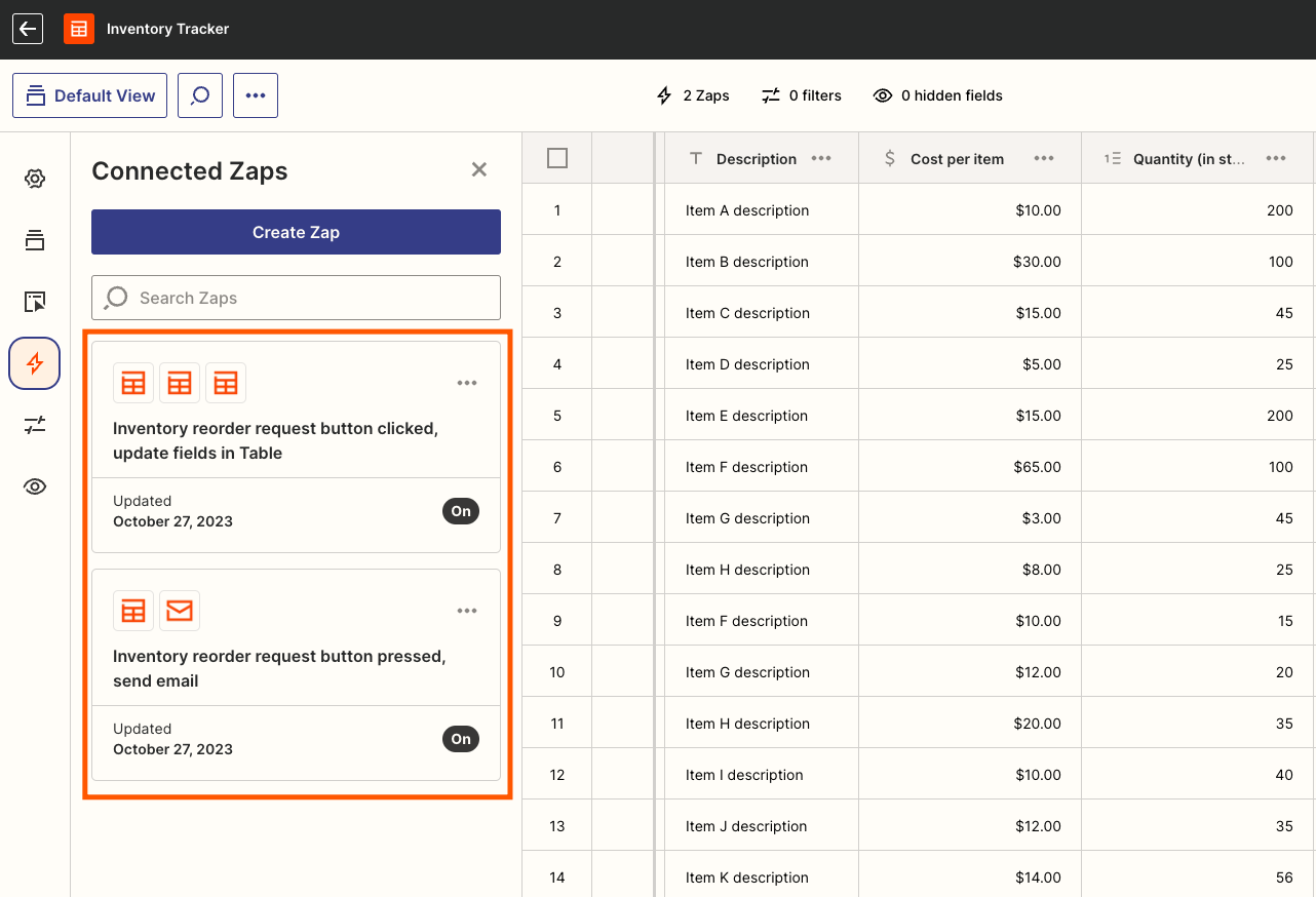 Inventory template with automated Zaps