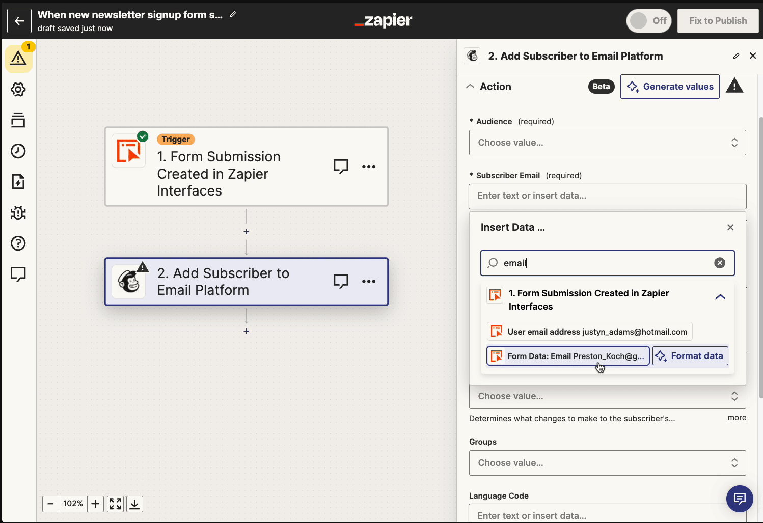 Adding an email newsletter platform to a Zap