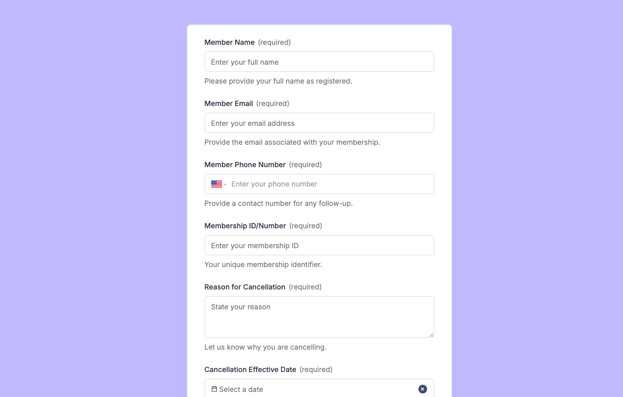 Membership Cancellation Form Preview