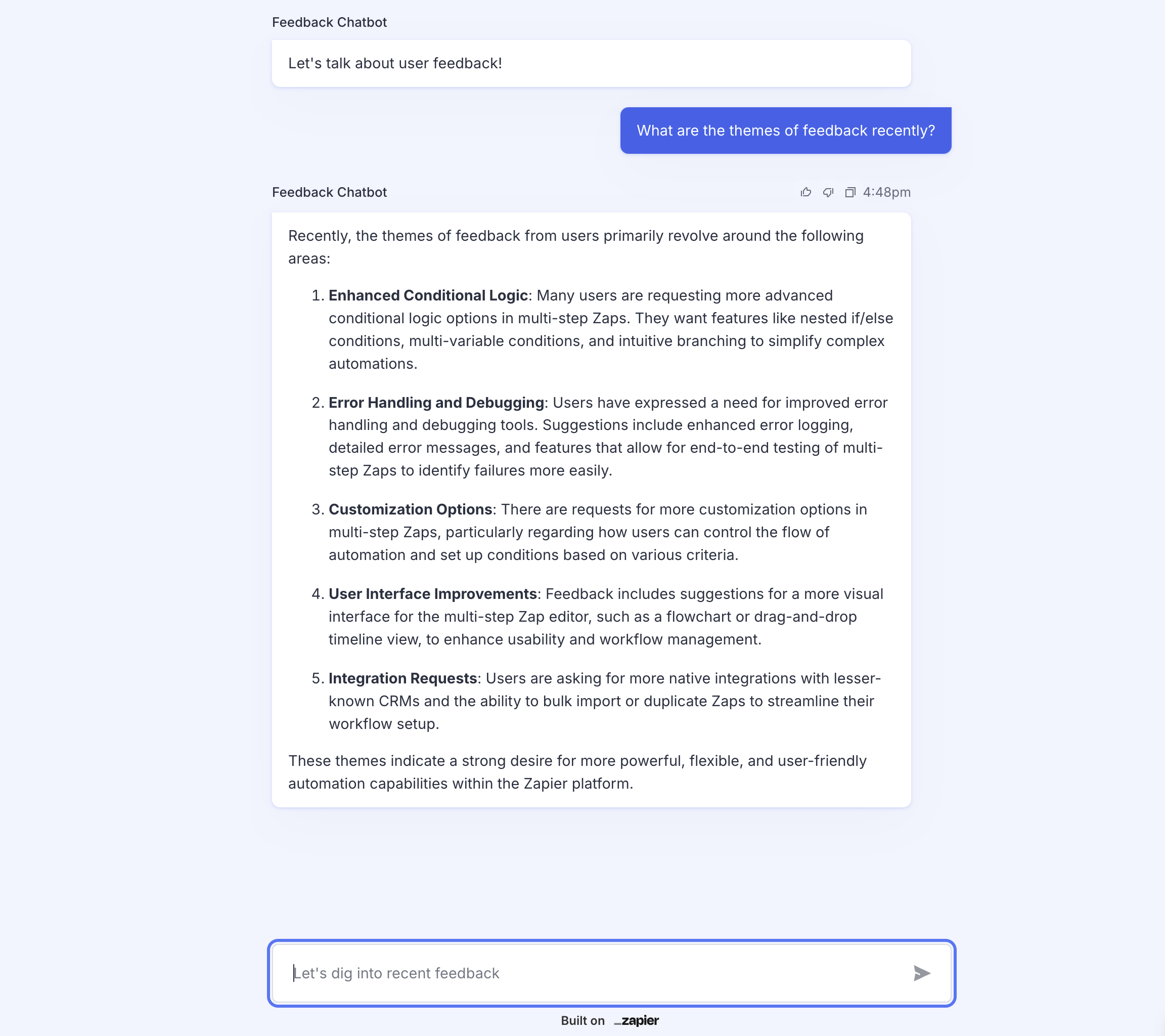 Consolidated product feedback screenshot: consolidated feedback chatbot copy.png