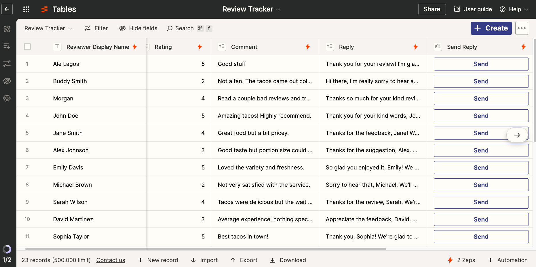 Review tracker table