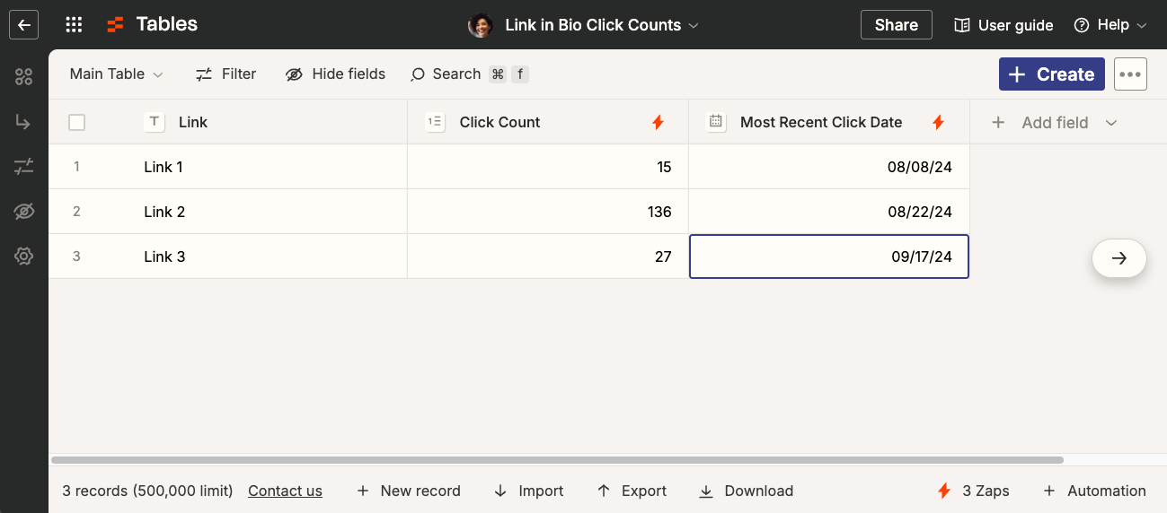 Click counts in Zapier Tables