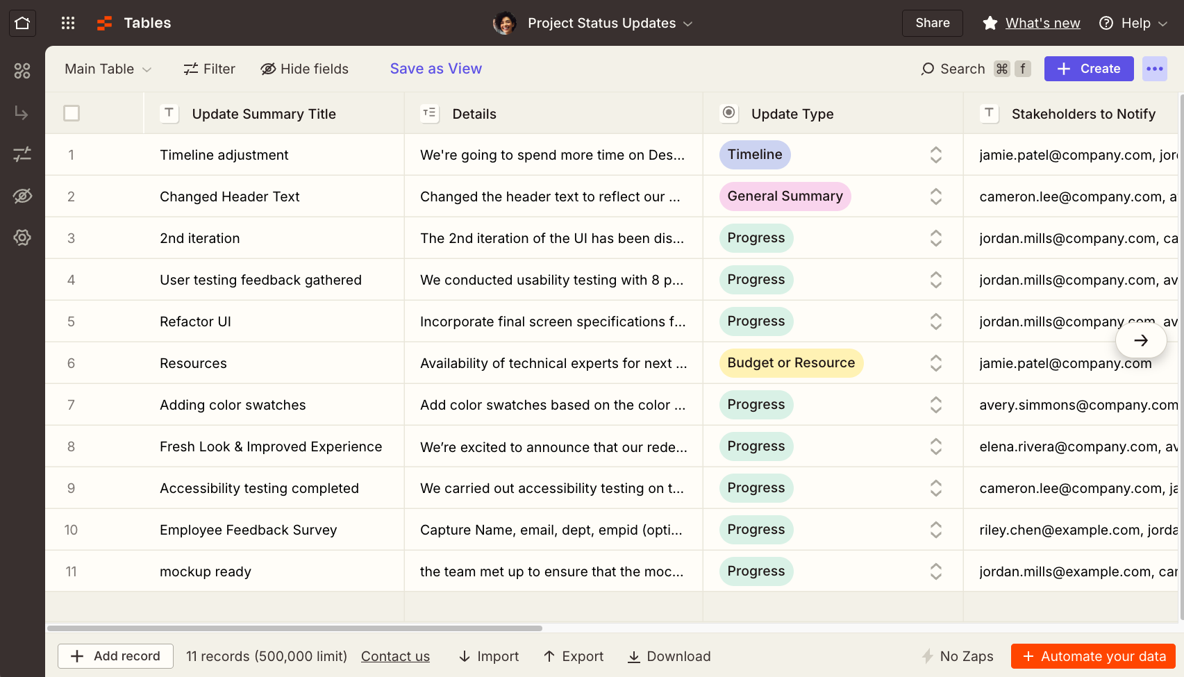 Status Updates Stored in Tables