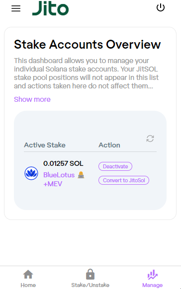 Stake management page for conversion to JitoSOL or unstaking