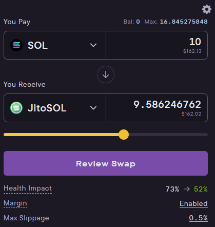 Swap SOL for JitoSOL and Mango will automatically borrow the SOL within your account. Be sure check the post-swap health impact to ensure a safe ratio.