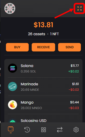 Click the top right to open Solflare's full-tab view