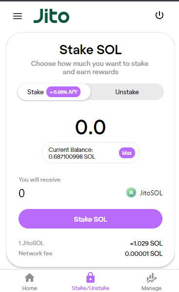 Staking tab in the app