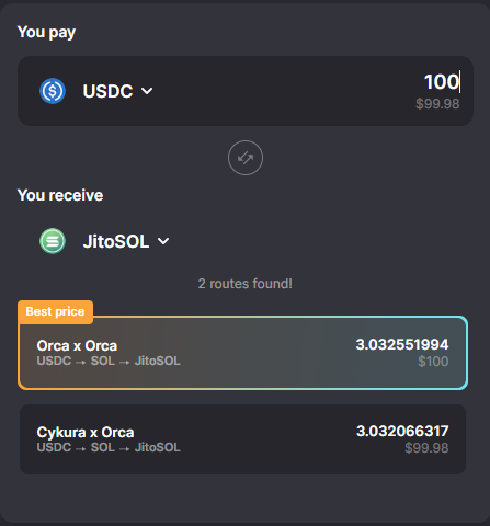 Example trade of $100 USDC to JitoSOL