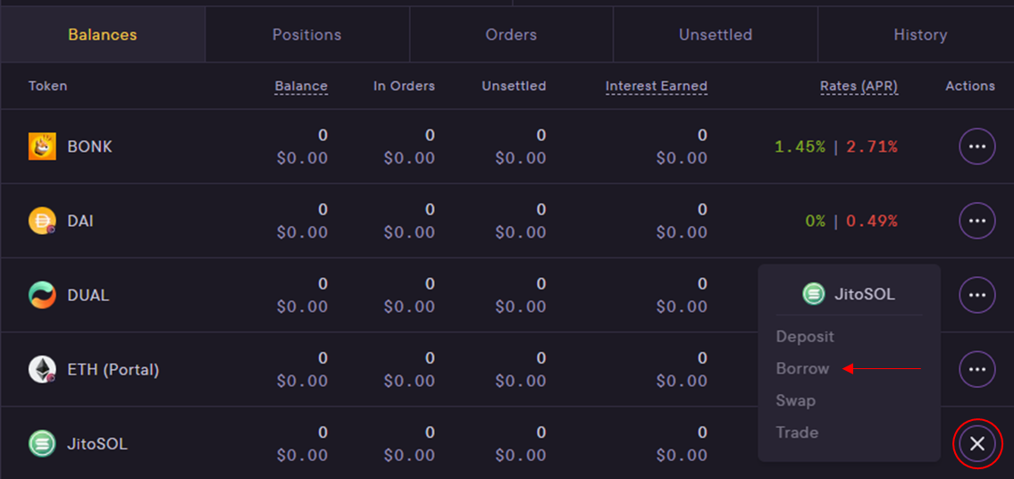 JitoSOL is listed on the asset screen. Click actions (far right column) to deposit or trade for JitoSOL in Mango