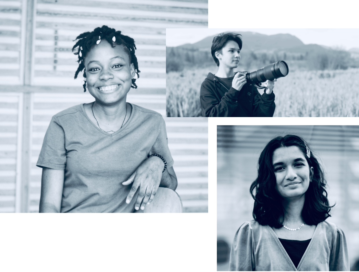 A collage of three images: a headshot of Blessing Jemimah Jones Akpan smiling at camera, an image of Adam Dhalla holding camera with nature in the background, and a headshot of Meera Dasgupta smiling at camera.