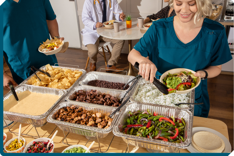 CUSTOMIZABLE HOT BARS. Create anything from bowls to salads to nachos piled high with a variety of flavorful toppings. Served hot with chafing racks and fuel cans included. Great for groups of 10 or more people. Order Catering with QDOBA Mexican Eats today.
