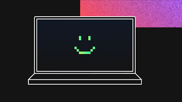 White outlined laptop on black background displaying green pixelated smiley face with pink-purple gradient in corner