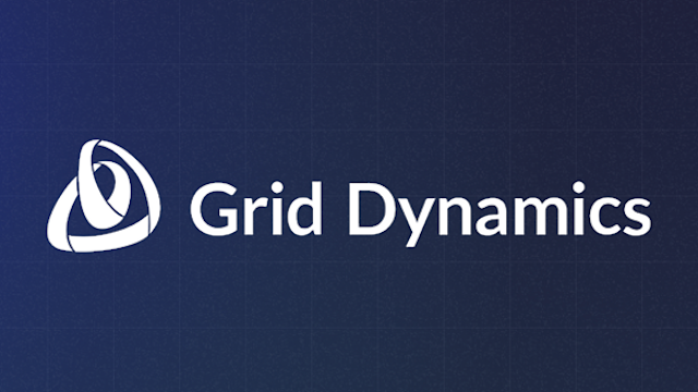 Grid Dynamics logo with white text and circular swoosh icon on dark blue background