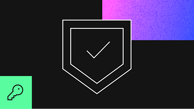White checkmark icon in nested shield shapes on black background with purple-blue gradient and green key icon corner.