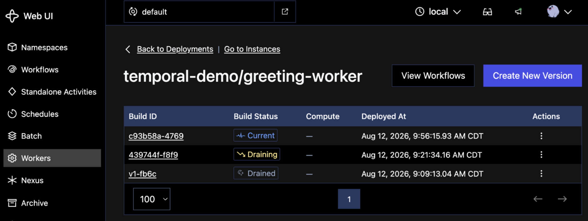 Temporal Web UI showing build status of Worker