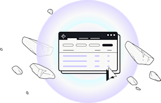 Browser window with data table and cursor pointer surrounded by floating geometric shapes on purple gradient background