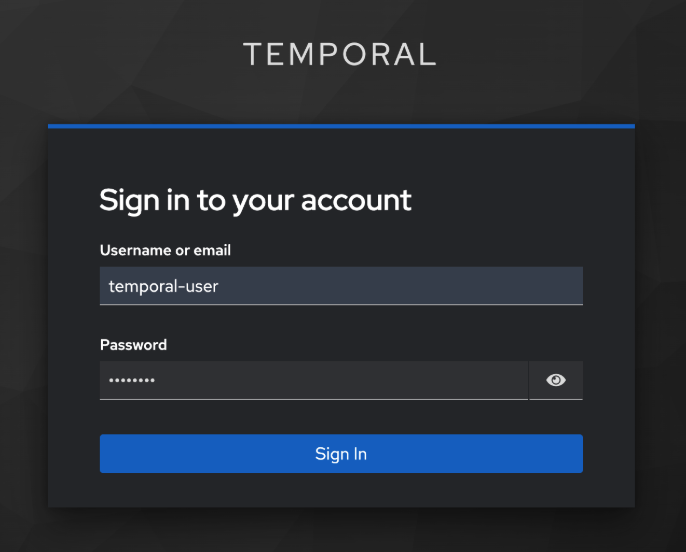 Login screen with username and password fields filled