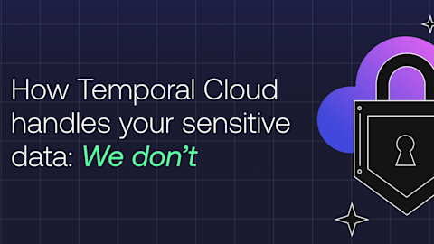 Dark blue graphic with white text reading "How Temporal Cloud handles your sensitive data: We don't" and security icons.