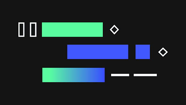 Abstract geometric composition with green and blue gradient bars, white outlined rectangles, and diamond shapes on black background.