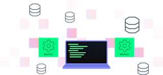 Laptop with code on screen flanked by two green worker gear icons, surrounded by database cylinder icons on pink squares