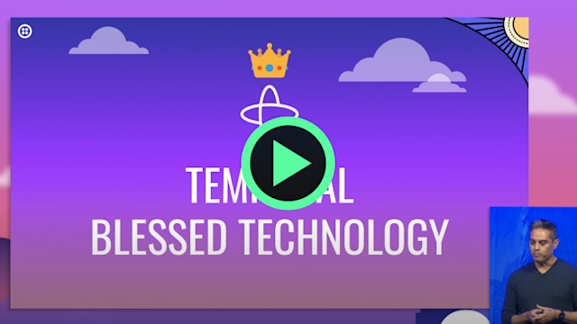 Video thumbnail with green play button and text reading Temporal Blessed Technology on purple gradient background