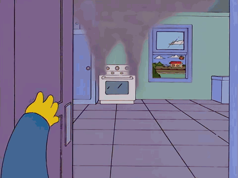 Seymour Skinner entering his kitchen and finding his ham on fire