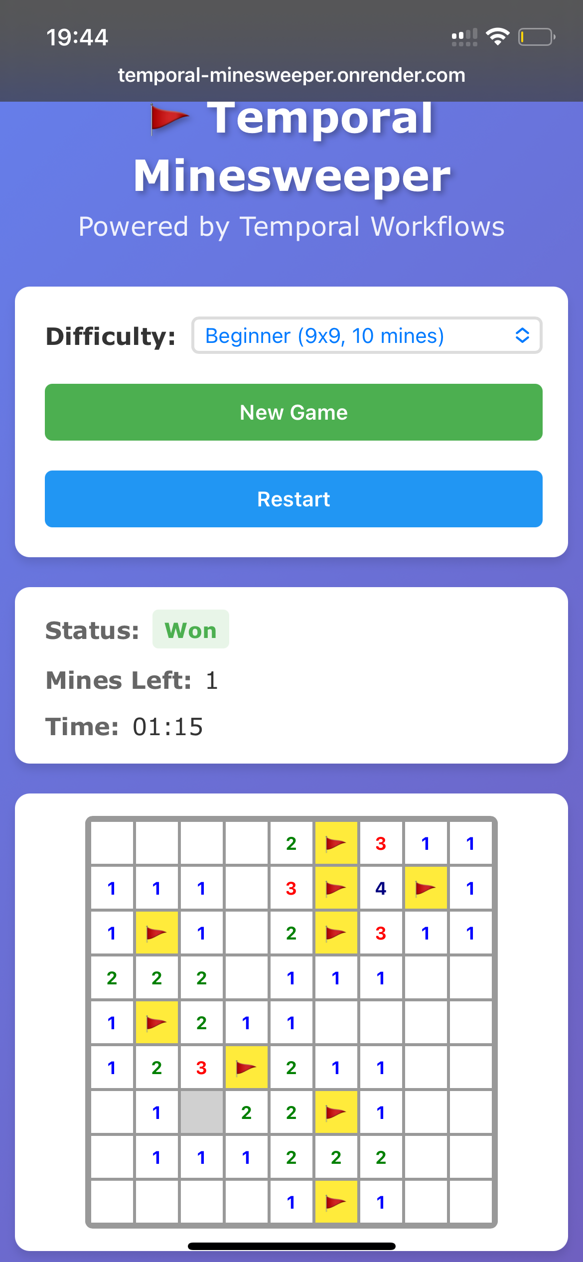 Temporal Minesweeper game screenshot