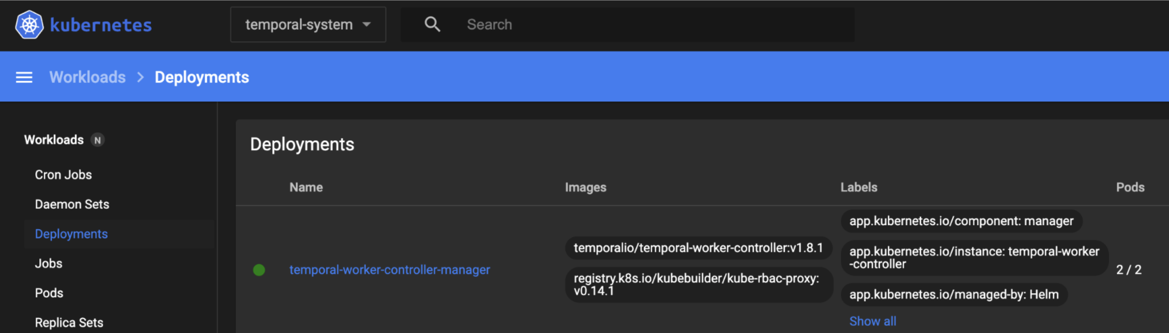 UI showing deployment