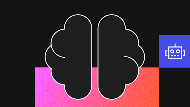 White outlined brain icon on black background with colorful pink, coral, and blue geometric sections and robot symbol.