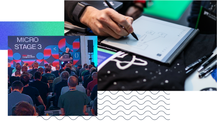 Split image: Left shows audience at Micro Stage 3 conference with blue and red decor. Right shows hand drawing on tablet.