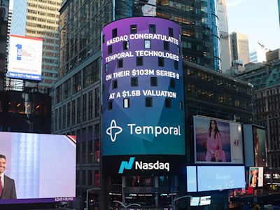 Nasdaq billboard in Times Square congratulating Temporal Technologies on their $103M Series B funding at $1.5B valuation.