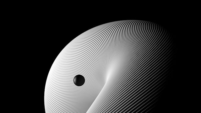 Abstract white spiral form with concentric ridges and a black sphere at center, set against a black background.