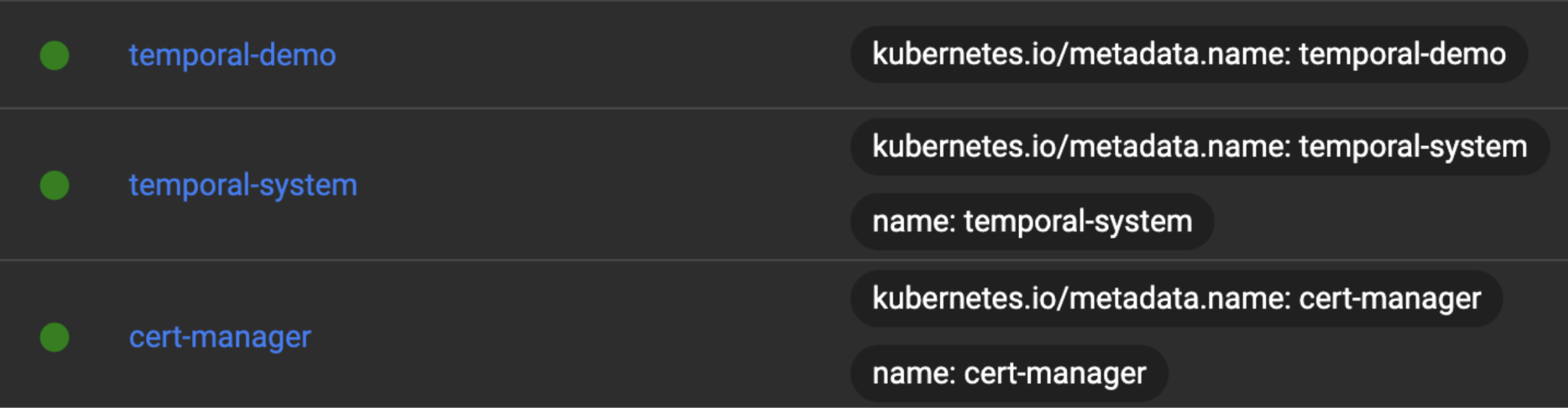UI showing Temporal namespaces