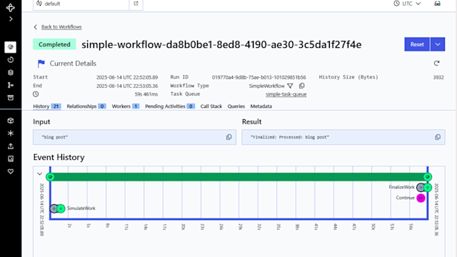 Workflow execution details page showing completed status, timeline with SimulateWork, Continue, and FinalizeWork events.