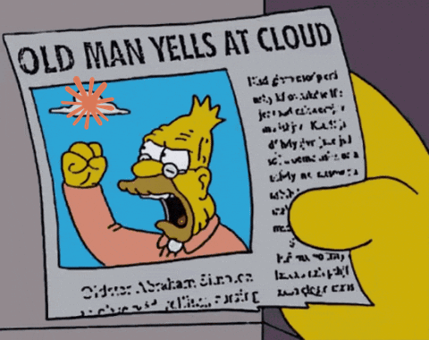 Abe Simpson in a newspaper clipping headlined Old Man Yells At Cloud, with the Claude logo pasted over the cloud