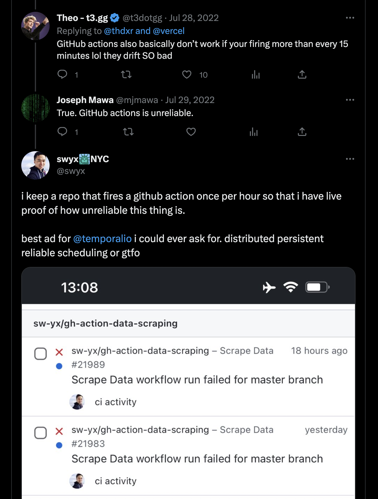 Theo and swyx tweets on reliability
