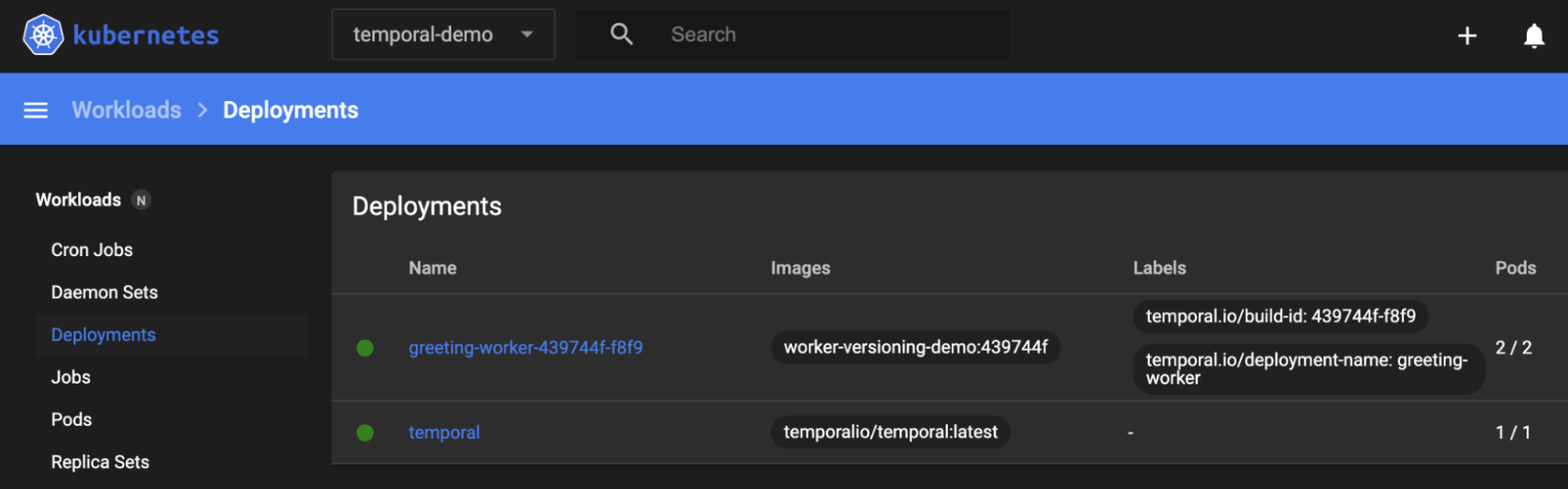 Visual of Worker deployment from the Minikube dashboard